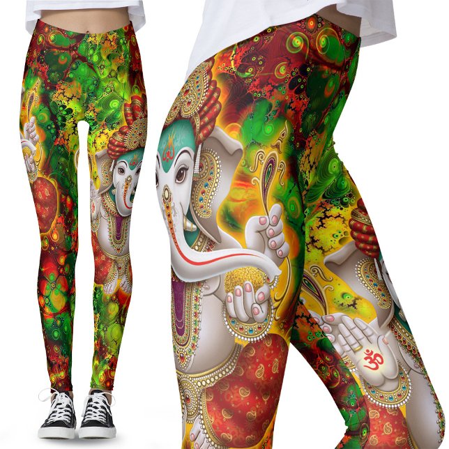 Legging Green Red Ganesh Hippie Boho Festival Psicedélico (Criador carregado)