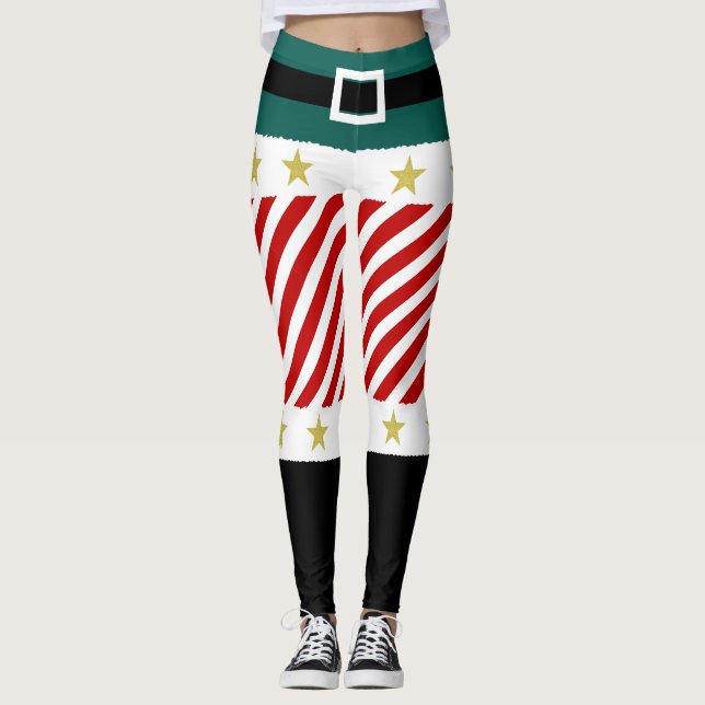 Legging Green Red Strips Candy Cane Elf Natal (Frente)