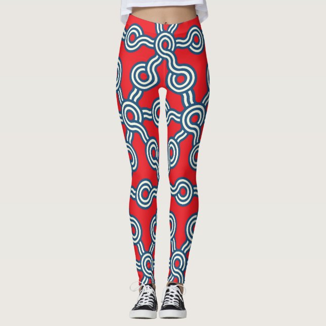 Legging Grelha hexágona, azul vermelho, padrão geométrico. (Frente)