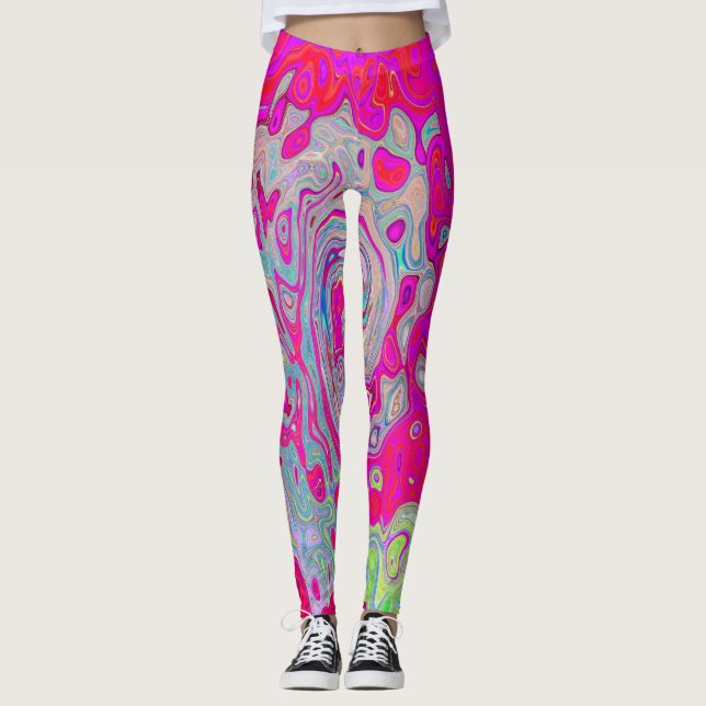 Legging Groovy Abstrato Azul Teal e Vermelho Swirl (Frente)