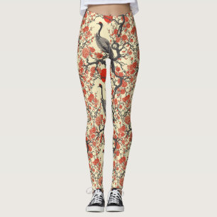 Legging Grua Oriental e Peônia - Arte Asiática Tradicional