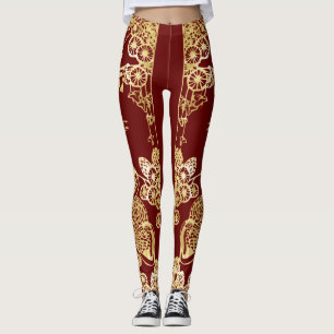Legging Gruas Douradas Chinesas Sobre Vermelho