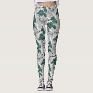 Legging Gruas Japonesas Aves Cinza Verde Padrão Artístico