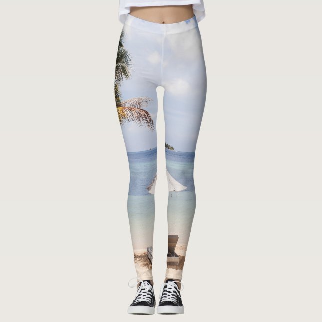 Legging Guardas-chuvas tropicais de praia: branco, palma. (Frente)