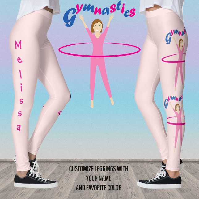 Legging Gymnastics Pink Hula Hoopy Seu nome personalizado (Fun pink leggings for gymnastic girls with custom text and color. )