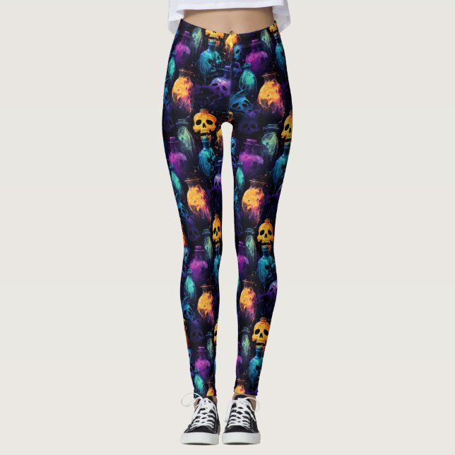 Legging Halloween Assustador Caveira Laranja Roxo Azul (Frente)