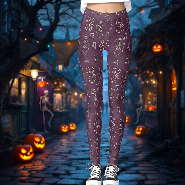 Legging Halloween Dancing Skeleton Music Notes (Spooky skeleton dance leggings with vintage music notes on a rich purple background.)