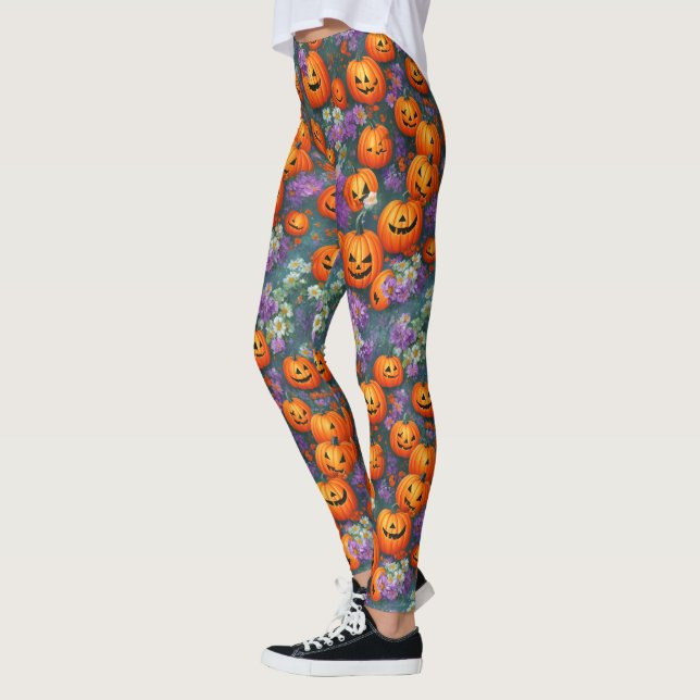 Legging Halloween Jack-o-lanternas E Flores Roxas (Esquerda)