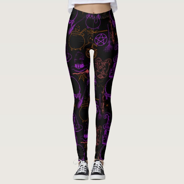 Legging Halloween Witchcraft Pattern Neon 01 Black BG (Frente)