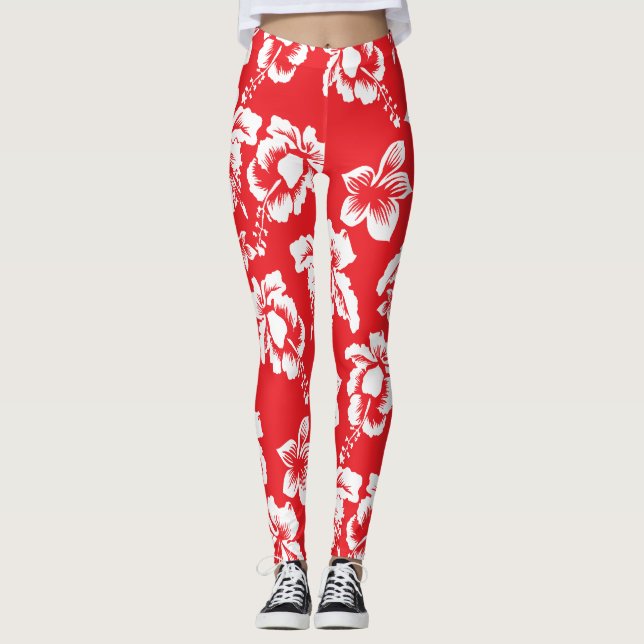 Legging Havaiano Red Hibiscus Floral Impressão (Frente)