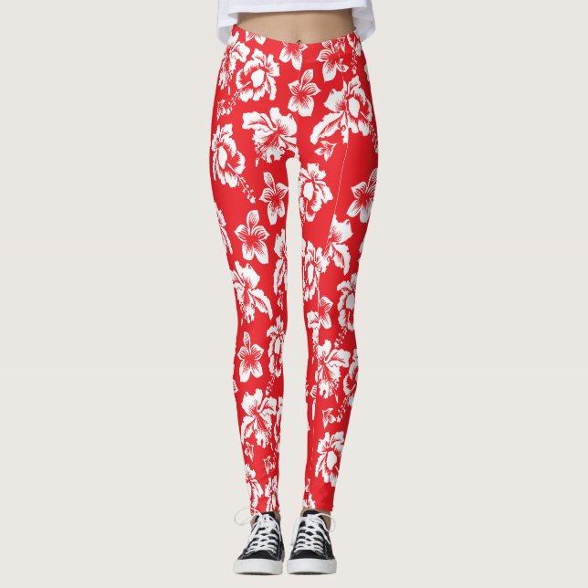 Legging Havaiano Red Hibiscus Floral Impressão (Frente)