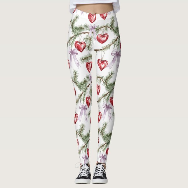 Legging Hearts Trees Red Purple Bows Christmas (Frente)