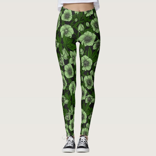 Legging Hellebores brancos com folhas (Frente)
