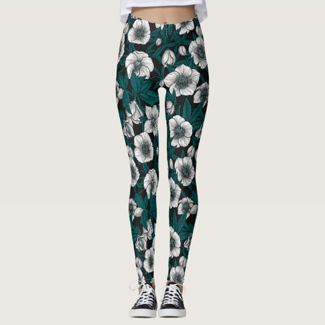 Legging Hellebores brancos com folhas azuis (Frente)