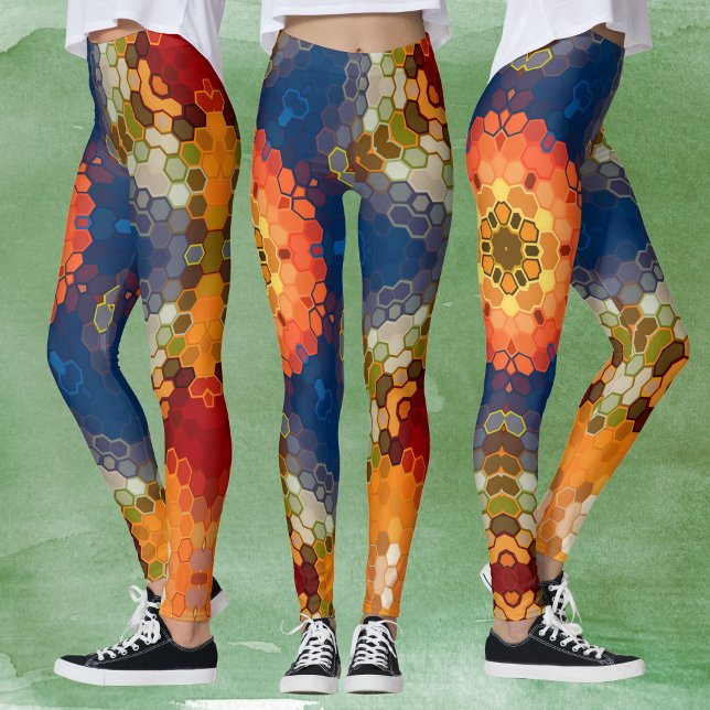 Legging Hex Mandala Blue Orange e Red (Blue Orange and Red Hexagon Mandala Leggings by Wormhole Orbital)