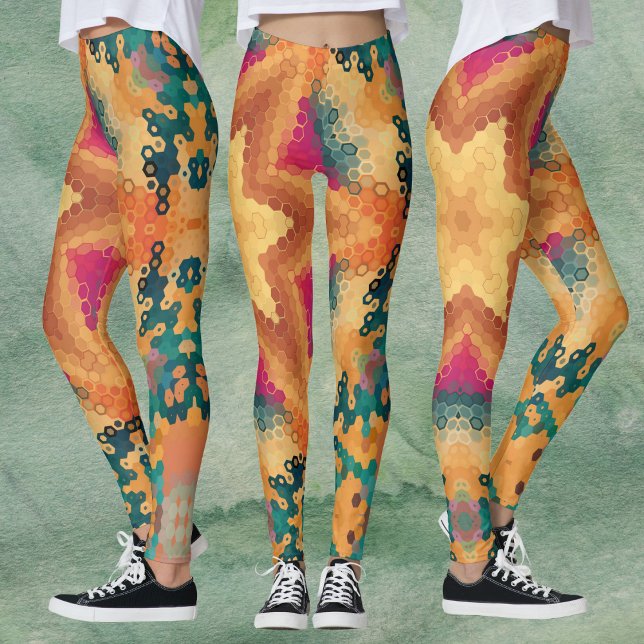 Legging Hex Mandala Orange Blue e rosa (Orange Blue and Pink Hexagon Mandala Leggings by Wormhole Orbital)