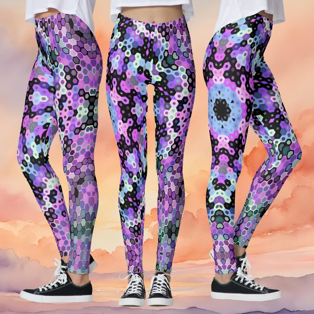 Legging Hex Mandala Puro Rosa e Azul (Purple Pink and Blue Hexagon Mandala Leggings By Wormhole Orbital)