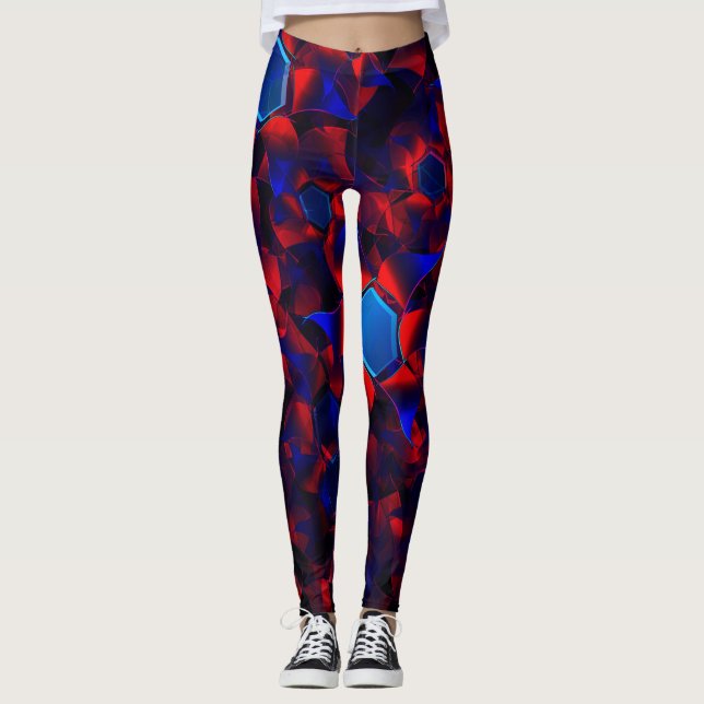 Legging Hexágono azul misturado com curvas vermelhas sobre (Frente)