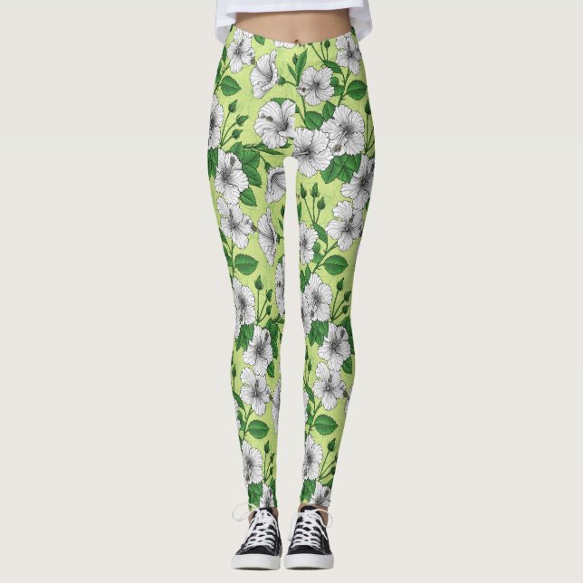 Legging Hibisco Branco Padrão Floral Tropical (Frente)