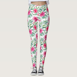 Legging hibisco rosa com padrão tropical das folhas