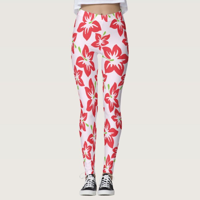 Legging Hibisco Vermelho, Flores Vermelhas, Padrão de Flor (Frente)