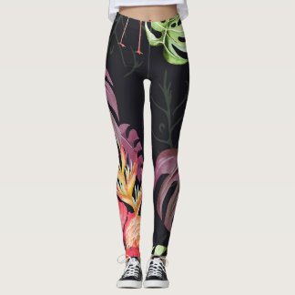 Legging Hibiscus, Flamingos, Padrão Tropical Watercolor.