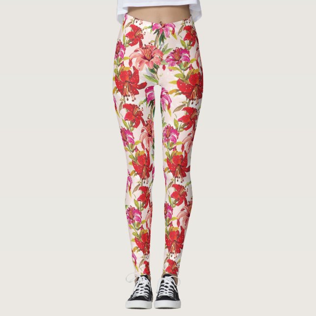 Legging Hibiscus Floral Vermelho e Rosa (Frente)