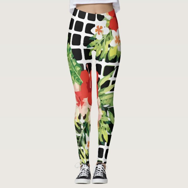 Legging Hibiscus Palm Leaves Tropical Pattern (Frente)