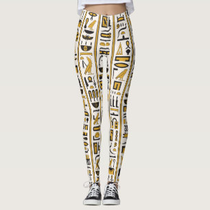 Legging Hieróglifos Egípcios: Amarelo-Preto Sem Costura.