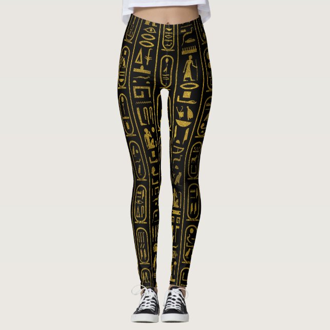 Legging Hieroglyphs Dourados antigos egípcios no preto (Frente)