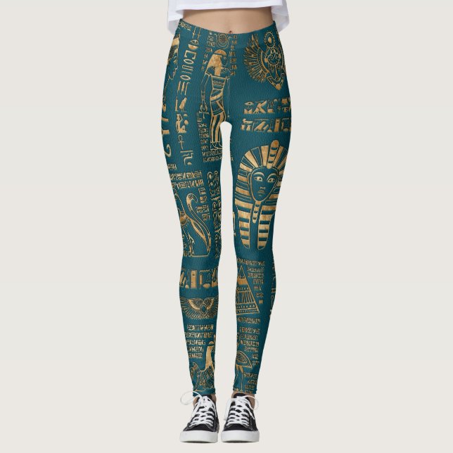 Legging Hieroglyphs e deidades egípcios - ouro na cerceta (Frente)