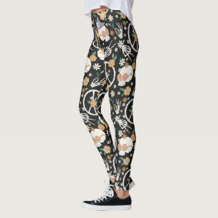 Legging Hippie Halloween Skulls and Flowers Standard