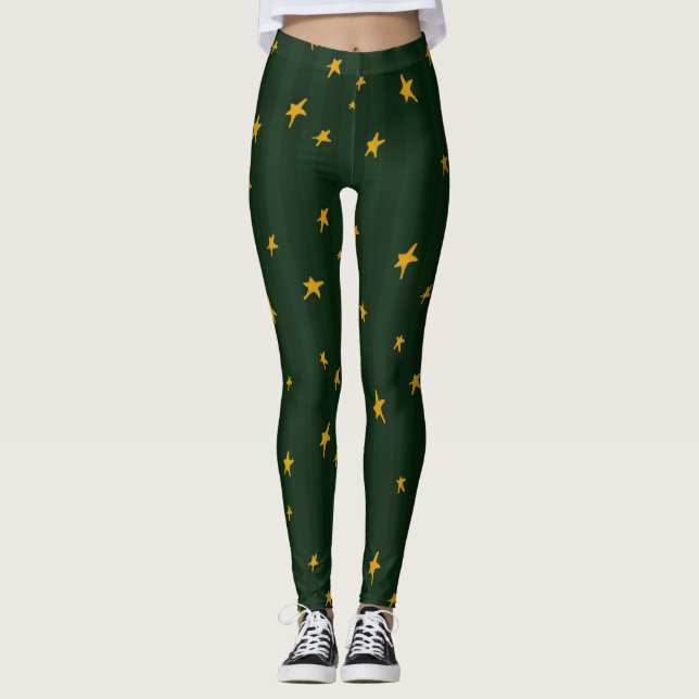 Legging Holiday Green Yellow Stripe Star Christmas  (Frente)