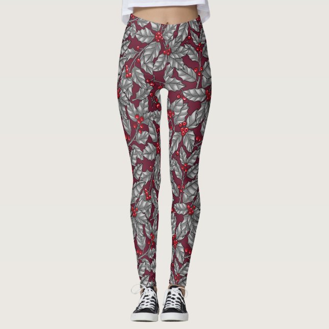 Legging Holly berry, gray leaves on dark red (Frente)