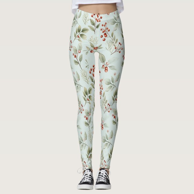 Legging Holly Leaves e Berries Vermelhos (Frente)