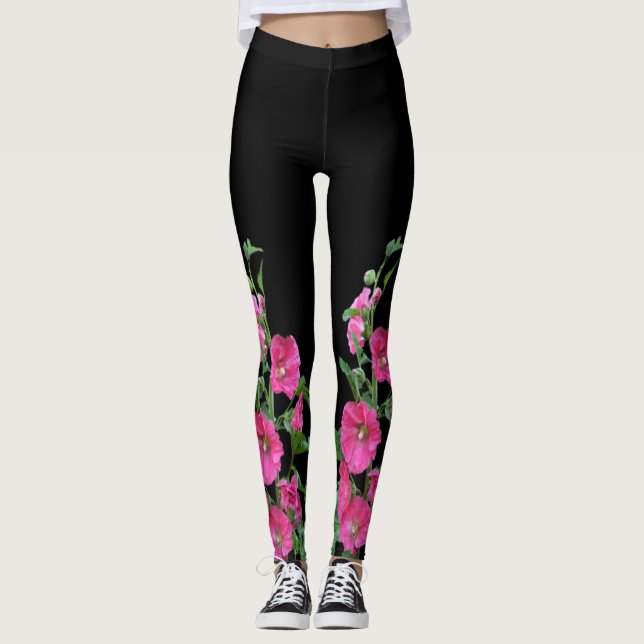 Legging Hollyhocks Rosa em Preto (Frente)