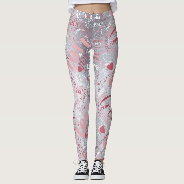 Legging Hugs e Kisses Word Cloud Pink/Silver ID286 (Frente)