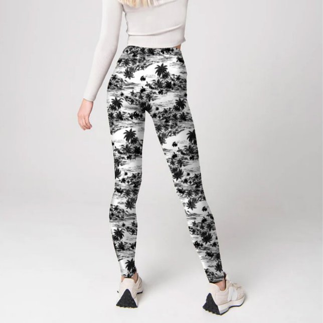 Legging Ilha do Haiwaii, Branca e Negra Moderna (Modern tropical black and white haiwaiian trendy printed leggings.)
