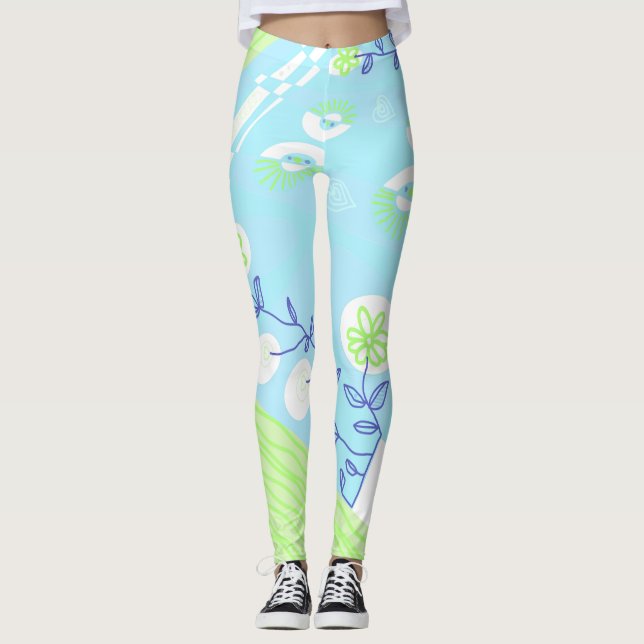 Legging Ilustração Bohemian Chintz Sky Blue Green (Frente)