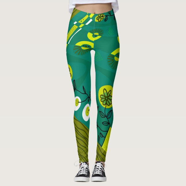 Legging Ilustração Bohemian Chintz Verde Azul Preto (Frente)