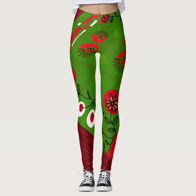 Legging Ilustração Bohemian Chintz Vermelho Verde Preto (Frente)