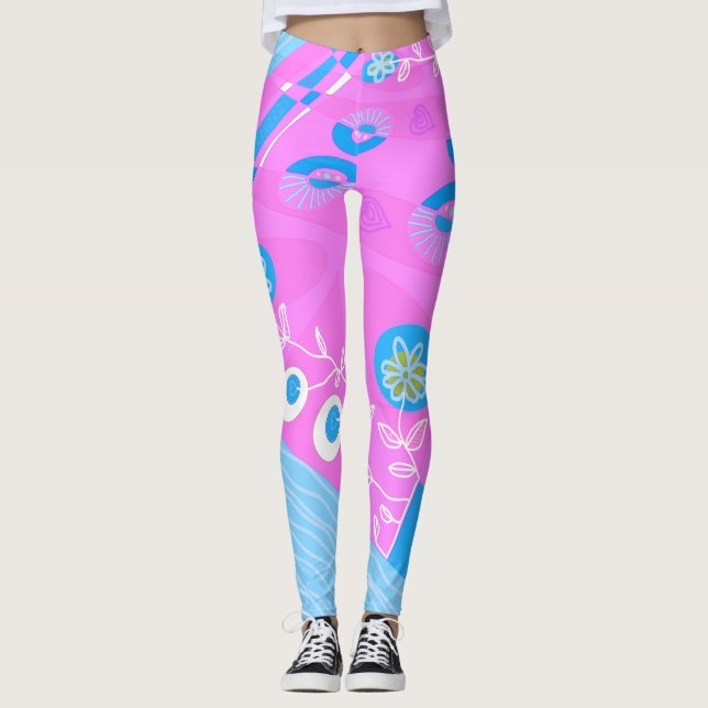 Legging Ilustração Bohemiana Chintz Azul Fuchsia Branco (Frente)