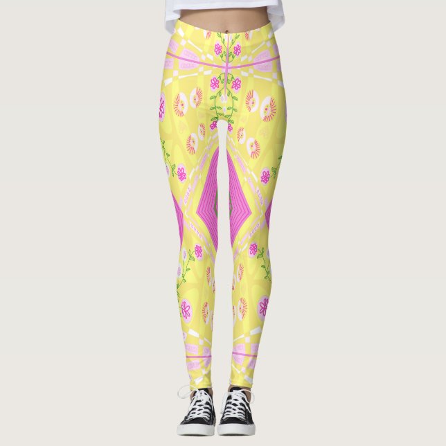 Legging Ilustração Chintz Boêmia Amarelo Verde Rosa (Frente)