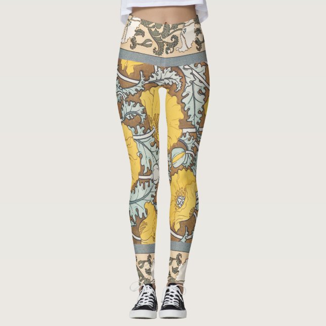 Legging ilustração da arte da papoila flor amarela (Frente)