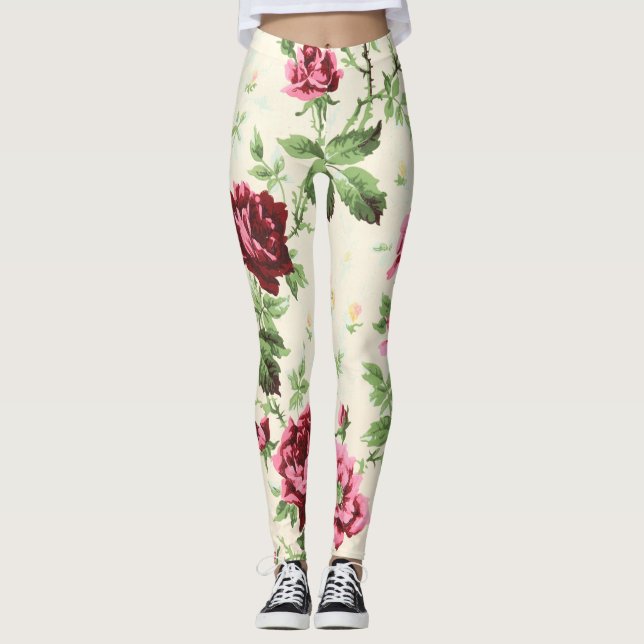 Legging Ilustração da safra de rosas em base neutra (Frente)
