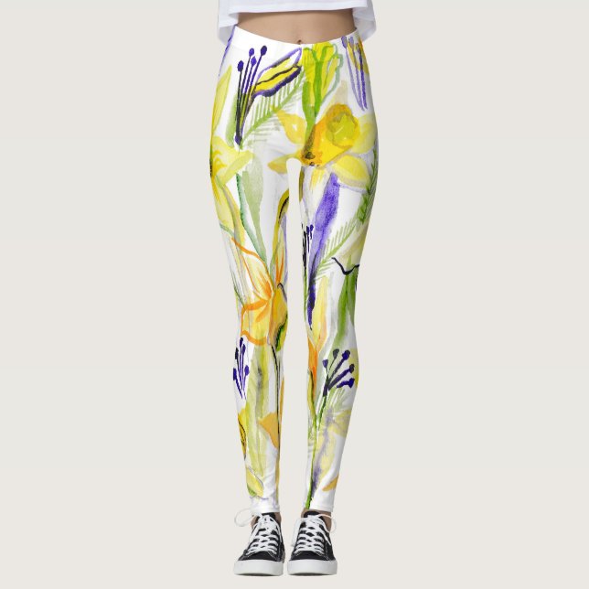 Legging Ilustração de Aquarela de Daffodils Amarelos (Frente)