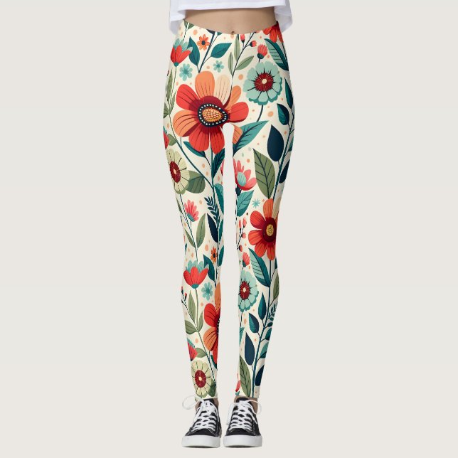 Legging Ilustração de Flores Selvagens Azuis de Pêssego ch (Frente)