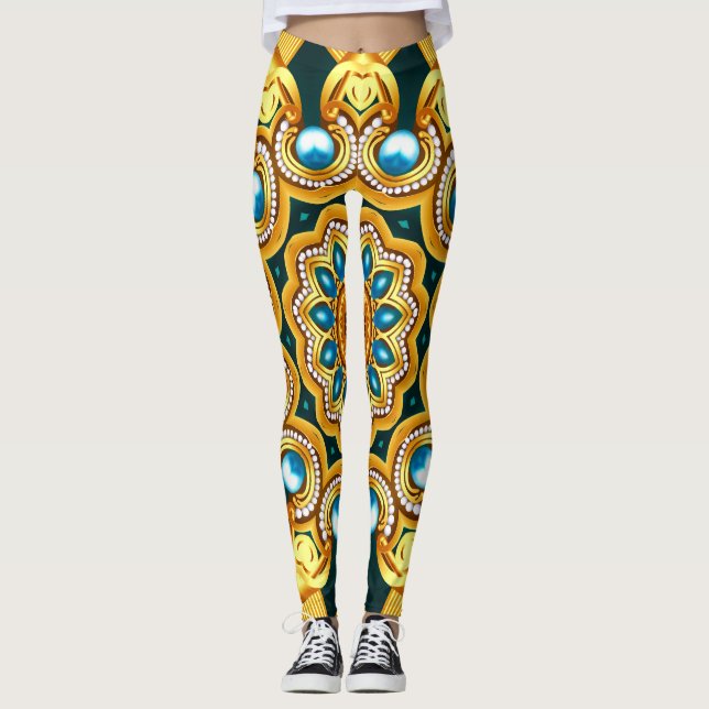Legging Ilustração Dourada de Quadro Decorativo de Pérolas (Frente)