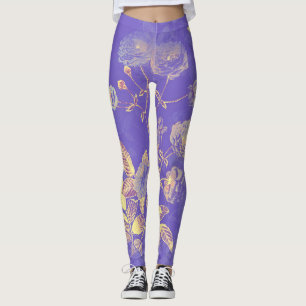 Legging Ilustração Dourada Floral Azul Elegante Vintage