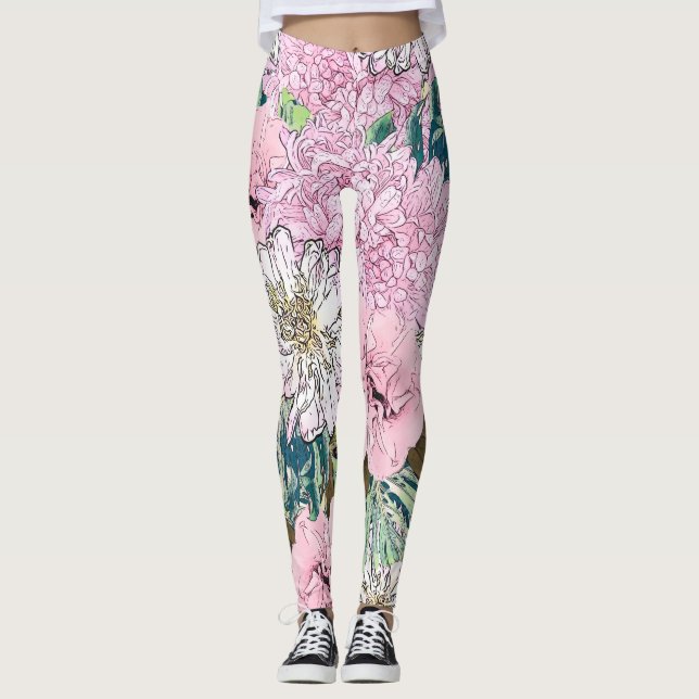 Legging Ilustração Floral Branco e Rosa Brilhante (Frente)